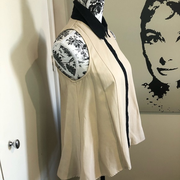 CUE Size 8 Coffee/Black Trim Linen-Blend Sleeveless Pleated Fit&Flare Swing Top - Picture 8 of 16